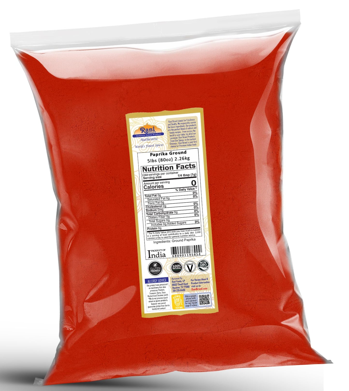 Rani Paprika (Deggi Mirch, Low Heat) Spice Powder, Ground 80Oz (5Lbs) 2.27Kg Bulk ~ All Natural, Salt-Free | Vegan | No Colors |
