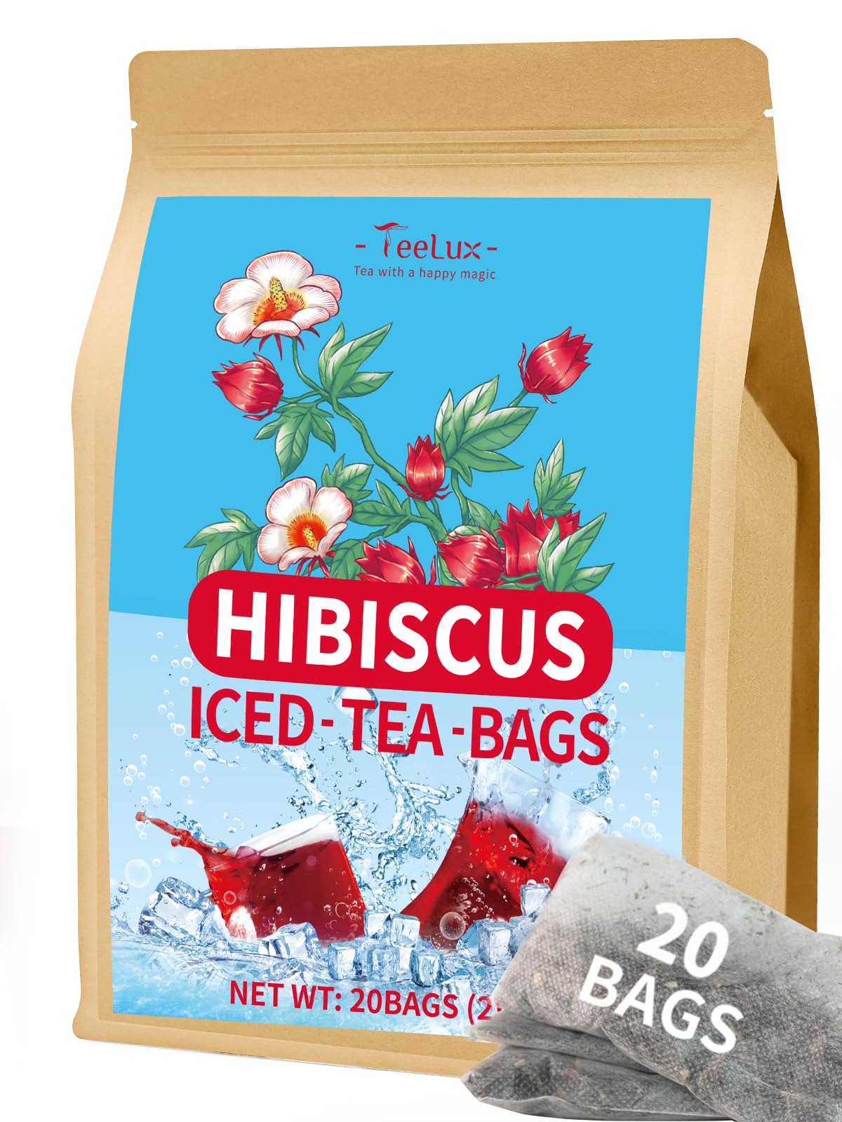 TeeLux Hibiscus Iced Tea Bags, Caffeine Free Herbal Tea, 20 Count Family Size