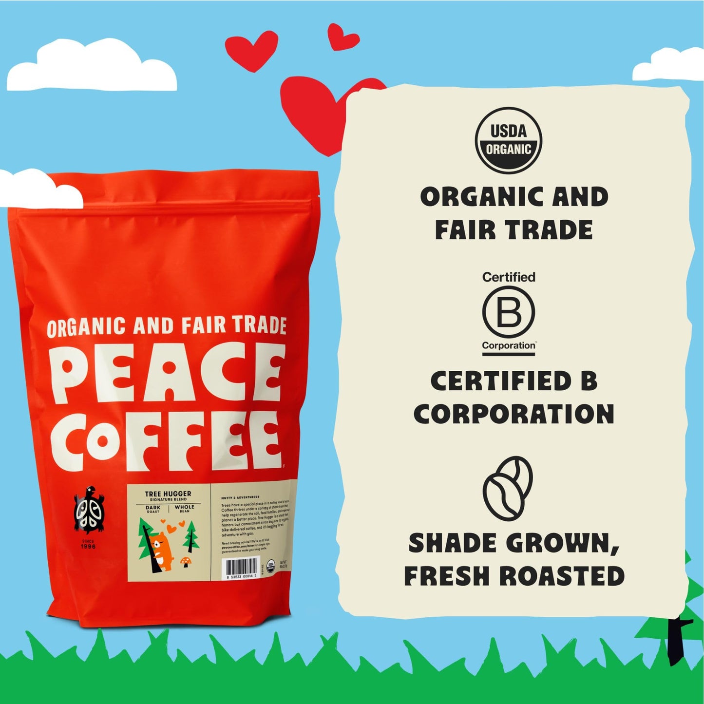 Peace Coffee Tree Hugger Signature Blend | 5 Lb Whole Bean Dark Roast | Organic Fair Trade | Soft, Smooth Flavor | Shade Grown,