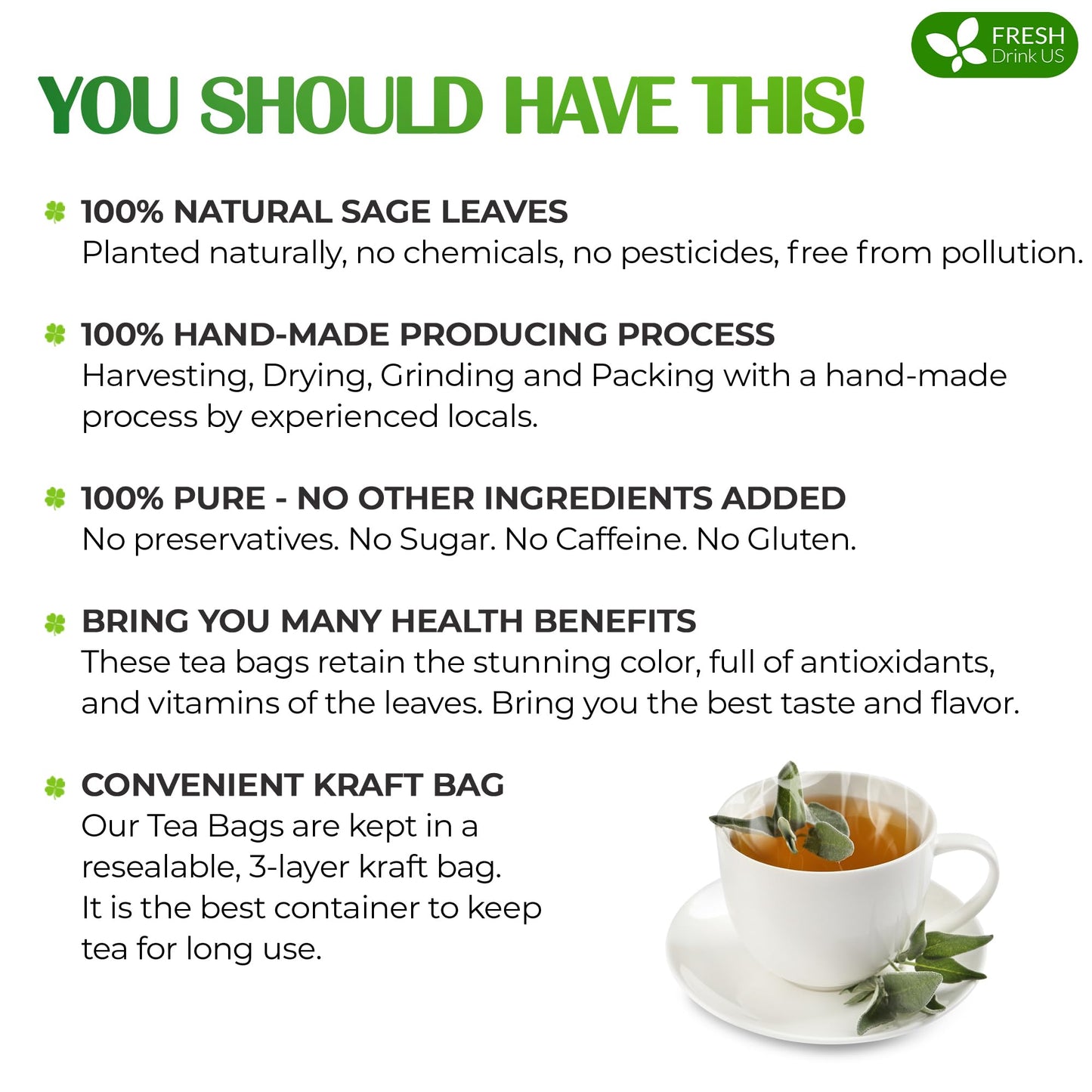 FRESHDRINKUS Sage Leaf Tea Bags - 100% Natural Herbal Tea, 75 Tea Bags, Vegan, No Sugar, No Caffeine, Gluten-Free