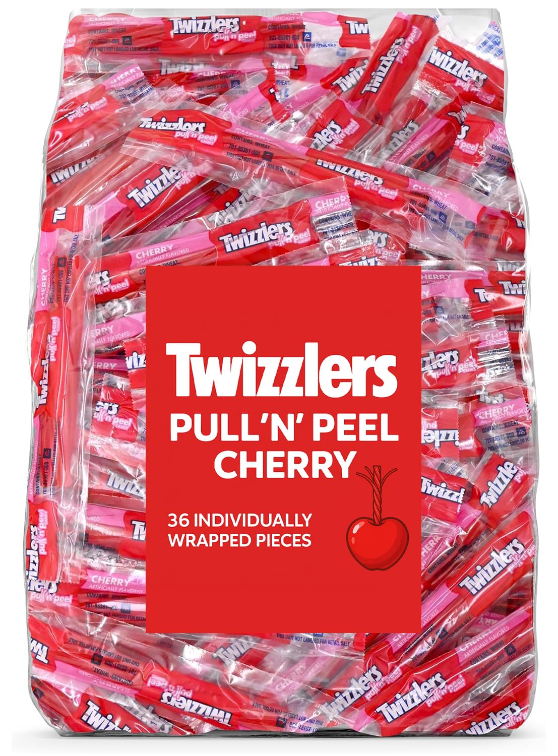 Pullin Peel Cherry Licorice Candy - 36-Count Snack Pack, Individually Wrapped, Soft Chewy Red Candy, 1 Pound Bag