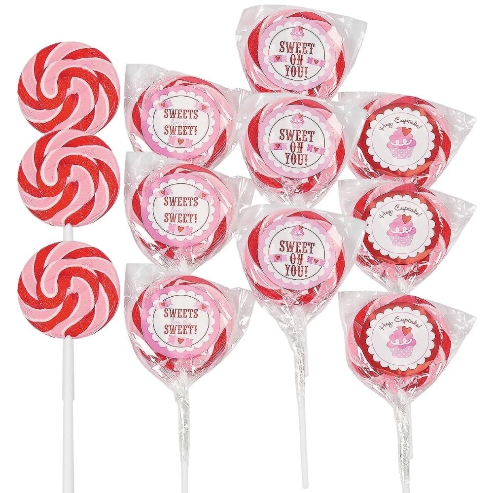 Sweet On You Valentine Swirl Suckers - Strawberry Flavor - Red White Pink (12 individually wrapped lollipops) Valentines Day Ca