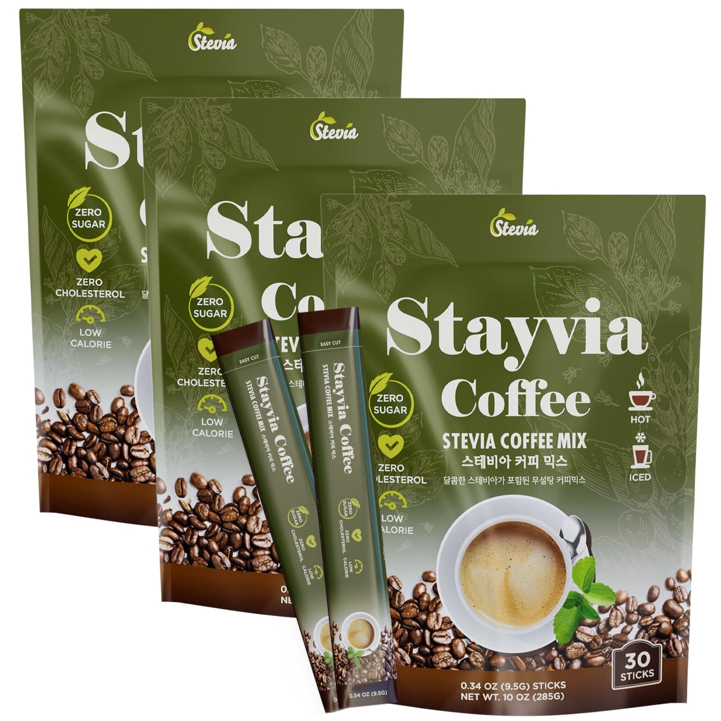STAYVIA COFFEE Stevia Instant Coffee Packets - Sugar-Free & Low Calorie - 90 Sticks (0.34oz) - Plant-Based Sweetener