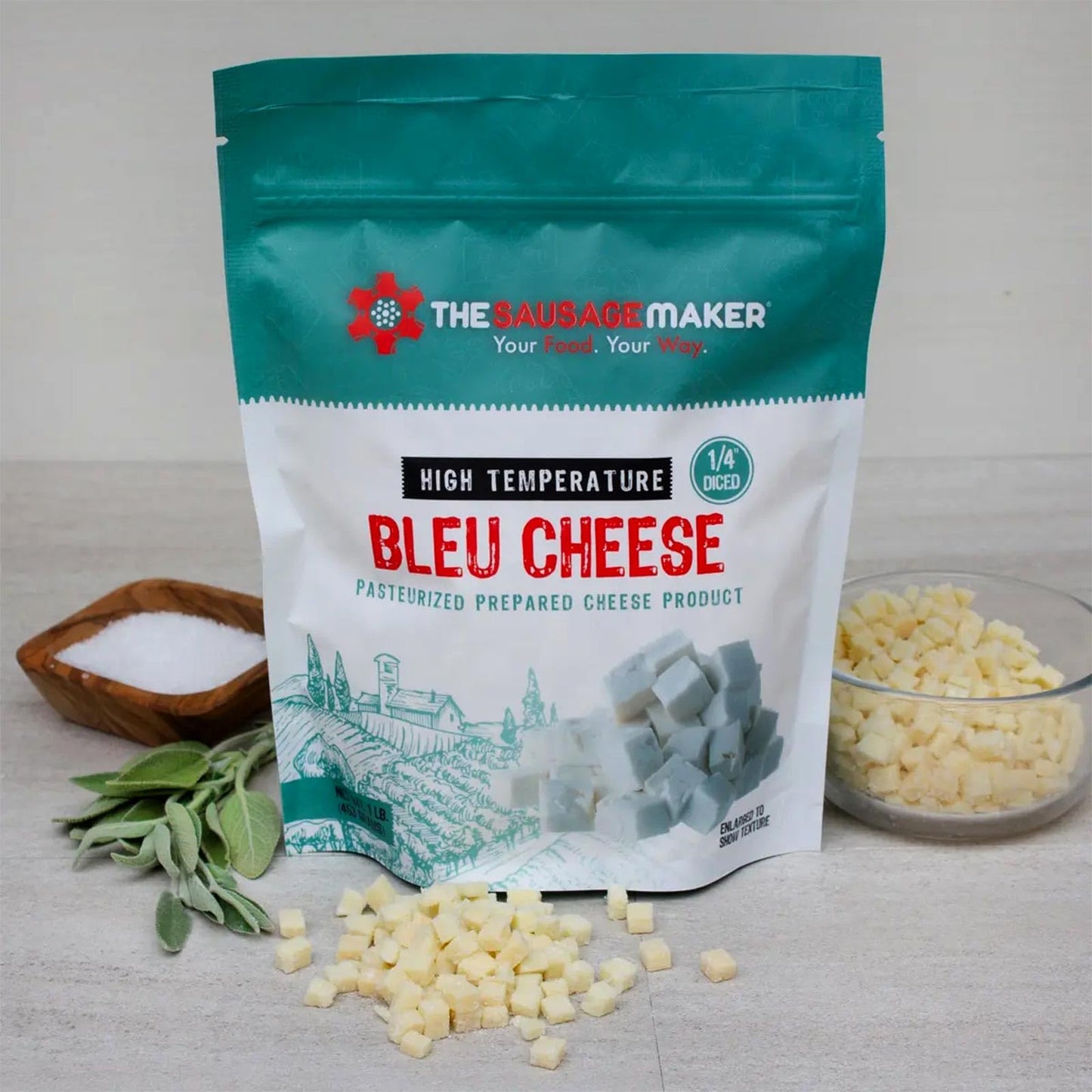 The Sausage Maker High Temp Bleu Cheese, 1 Lb Diced Cube, 400°F, Ideal for Sausage Making and Grilling