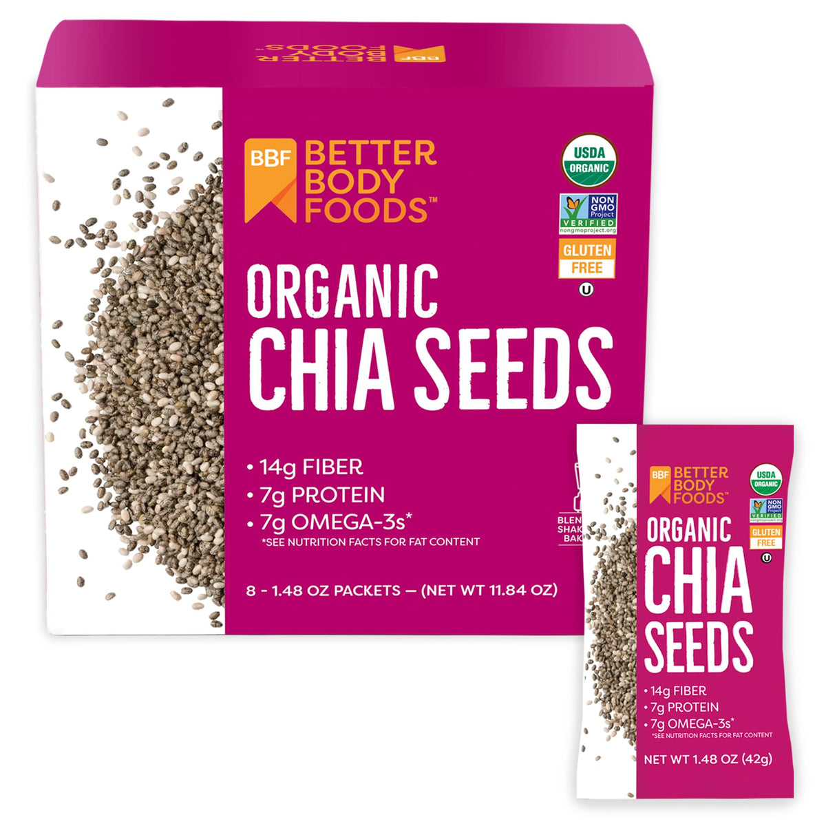 Betterbody Foods Organic Chia Seeds, 1.48 Oz Packets (Pack Of 24)