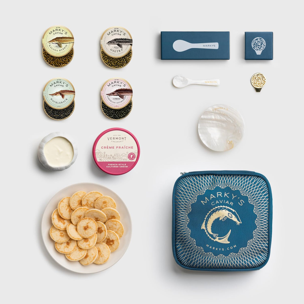 MarkyS Curated Caviar Tasting Gift Set - 0.5 Oz / 14 G (Pack Of 4) X Kaluga Royal Amber  Royal Amber Osetra  Hackleback  Siberian Sturgeon - Caviar Blini - Creme Fraiche - Serving Set - Spoon  Plate & Tin Opener - Comes With Cooler Gift Bag