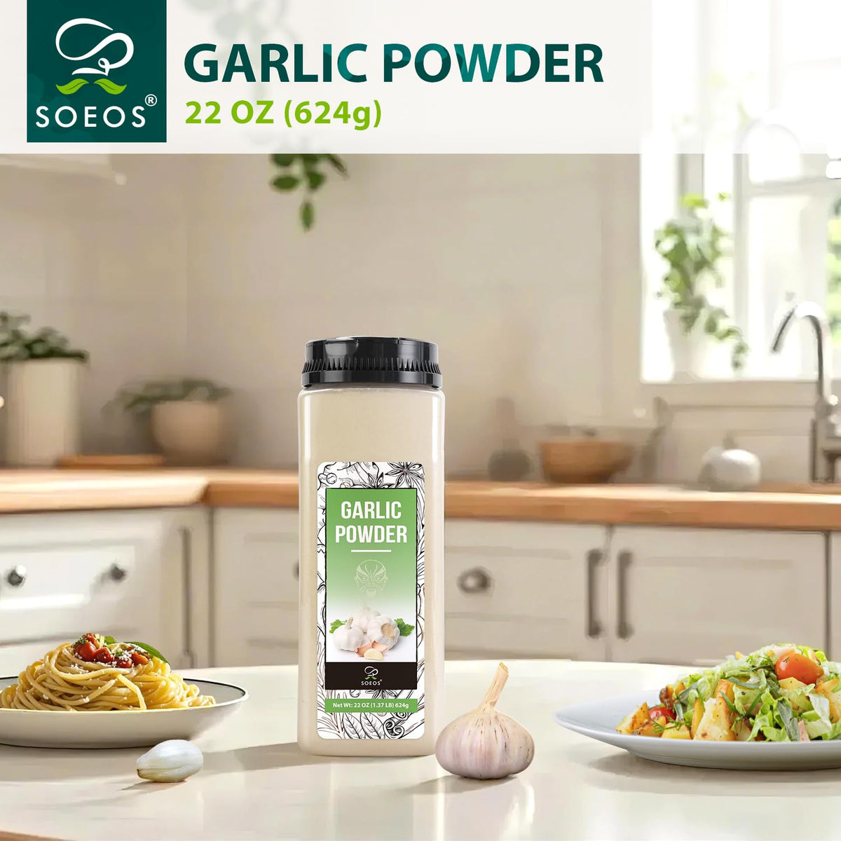 Soeos Garlic Powder 22 Ounce(624 G), Garlic Powder Seasoning, Non-Gmo, Gluten Free, Garlic Seasoning For Flavor Vegetables, Gril