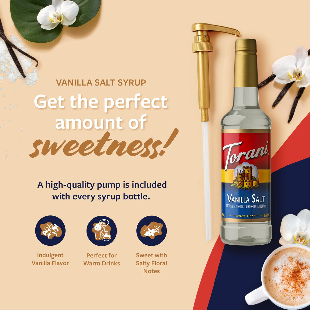 Torani Coffee Syrup, Vanilla Salt Flavoring For Drinks, Pump Included, 25.4 Fl Oz