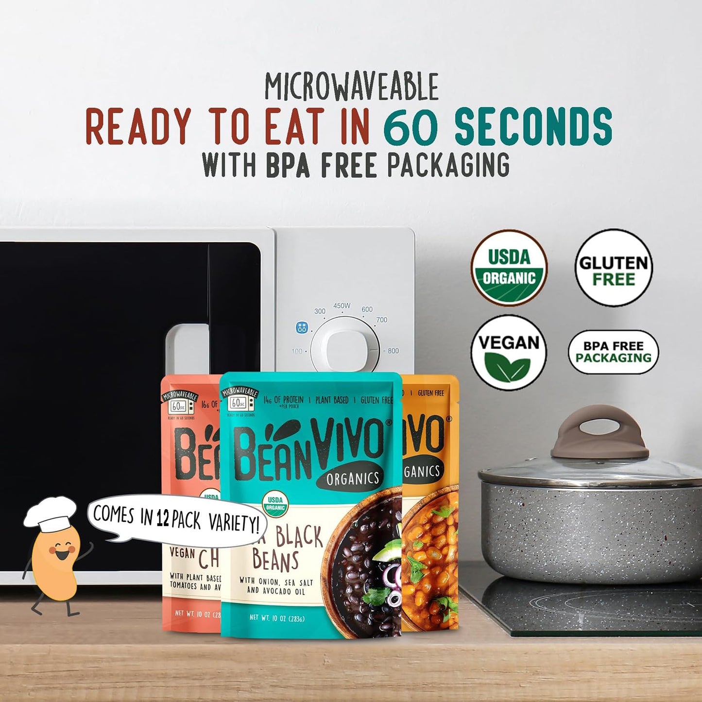BeanVIVO - Variety 12 Pack (10 oz each) - Organic Baja Black Beans, Three Bean Vegan Chili, BBQ Pinto Beans - Seasoned & Ready t