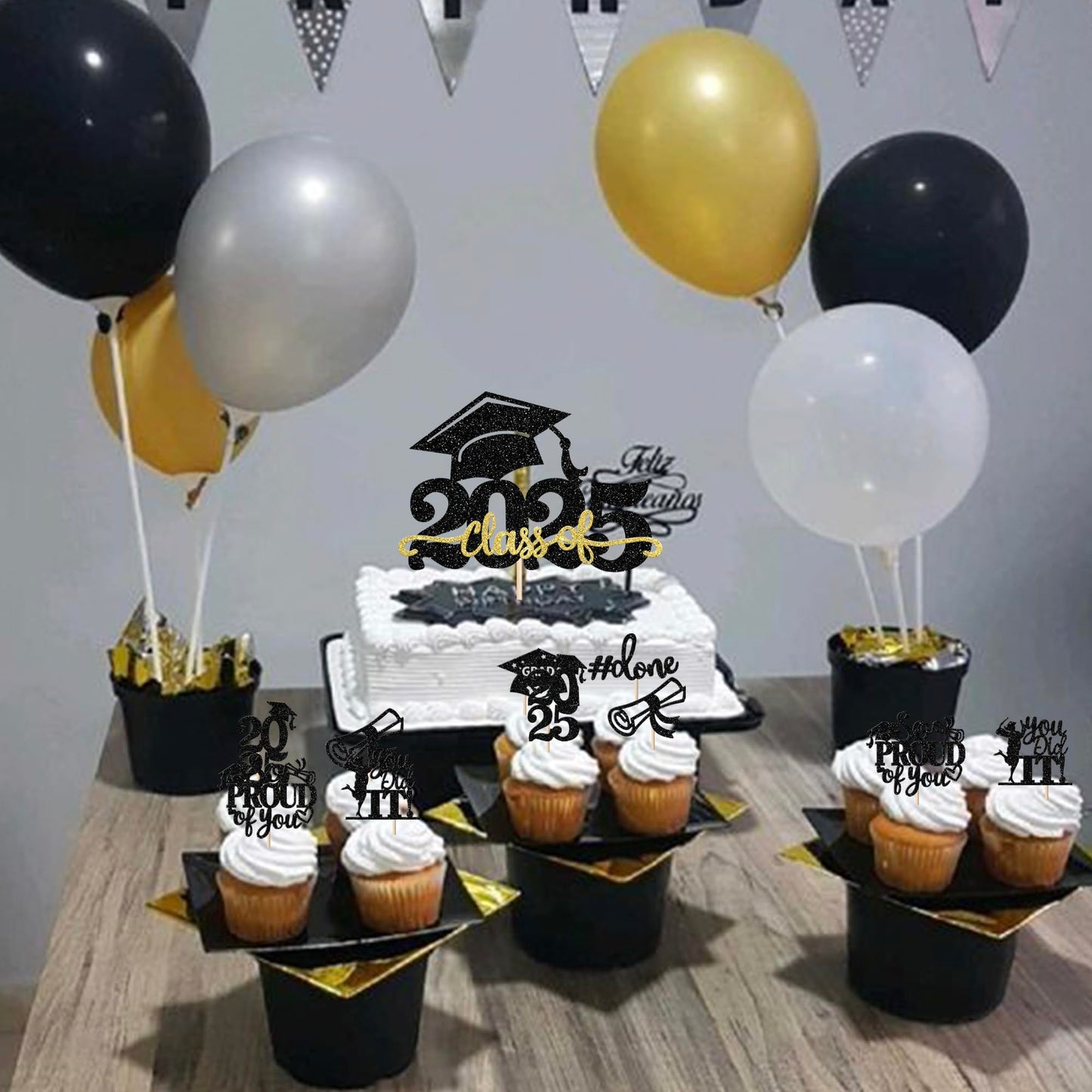 YCTHUNFISH Graduation Cupcake Toppers, 25 Pack, Gold, Paper, Grad Cap Design, 2025 Theme Party Decorations