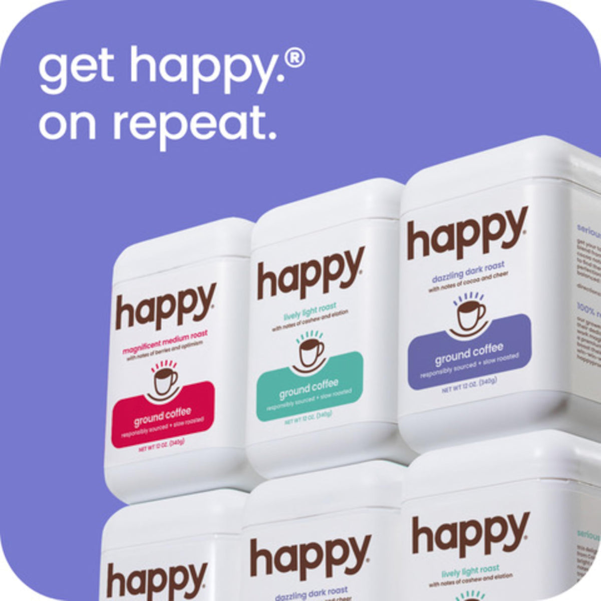 happy coffee dark roast ground coffee, 12 oz., notes of cocoa & cheer, recyclable container, grown & harvested in Brazil, Rwanda