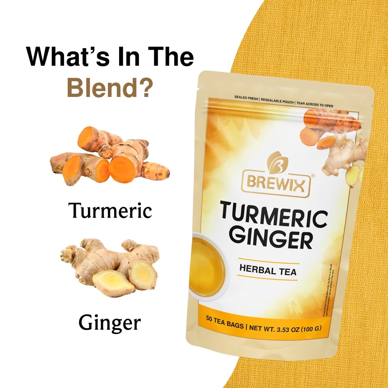 BREWIX Turmeric Ginger Herbal Tea Bags - Caffeine-Free Ayurvedic Blend, 50 Count, Gluten Free, Daily Wellness Ritual