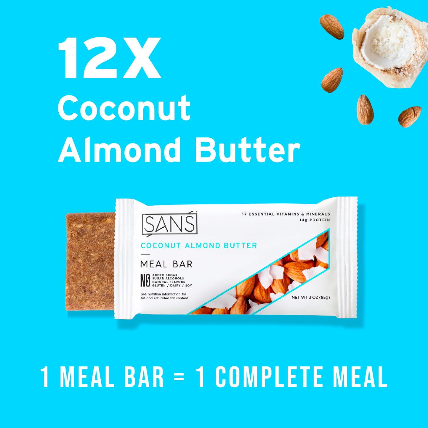 Sans Meal Replacement Protein Bar, Gluten Free, Healthy High Protein Snacks, High Fiber, No Sugar Added, Dairy Free, Soy Free, Coconut Almond Butter, 12 Bars