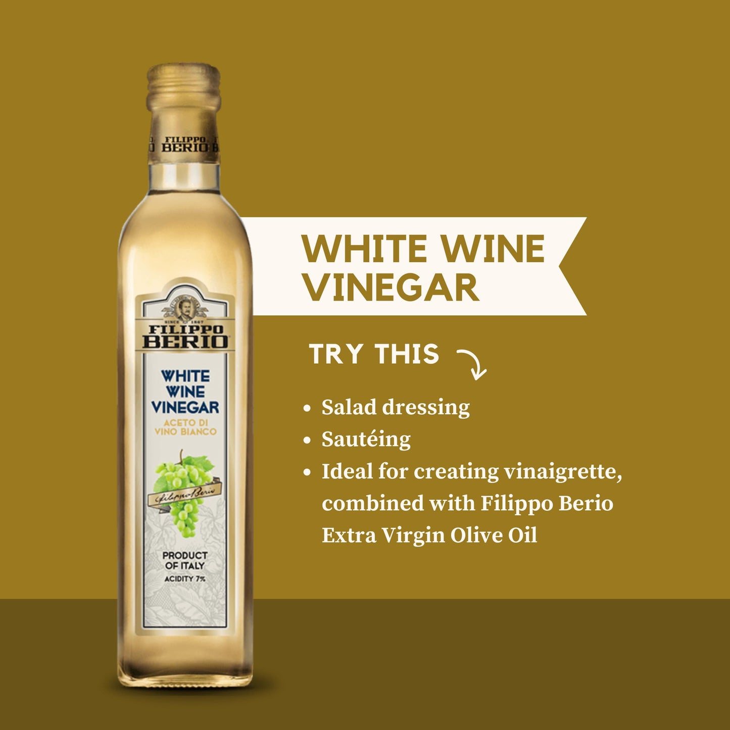 Filippo Berio White Wine Vinegar, Gluten Free, Non-GMO, 16.9 Fl Oz