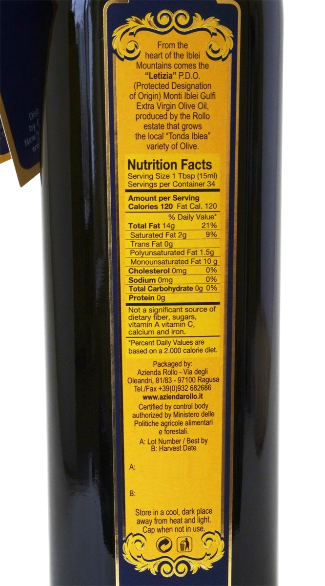 Letizia Sicilian Extra Virgin Olive Oil Dop 500 Ml