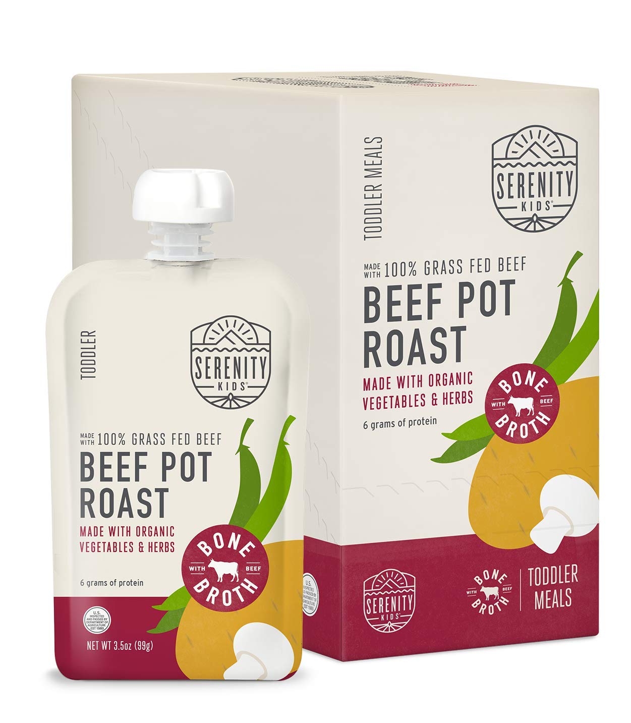 Serenity Kids Beef Bone Broth Puree With Organic Veggies - Protein-Rich Bpa-Free Pouches & Grass Fed Beef Baby Food - Clean Label Project Purity Award Certified - 3.5 Oz, 6 Pack