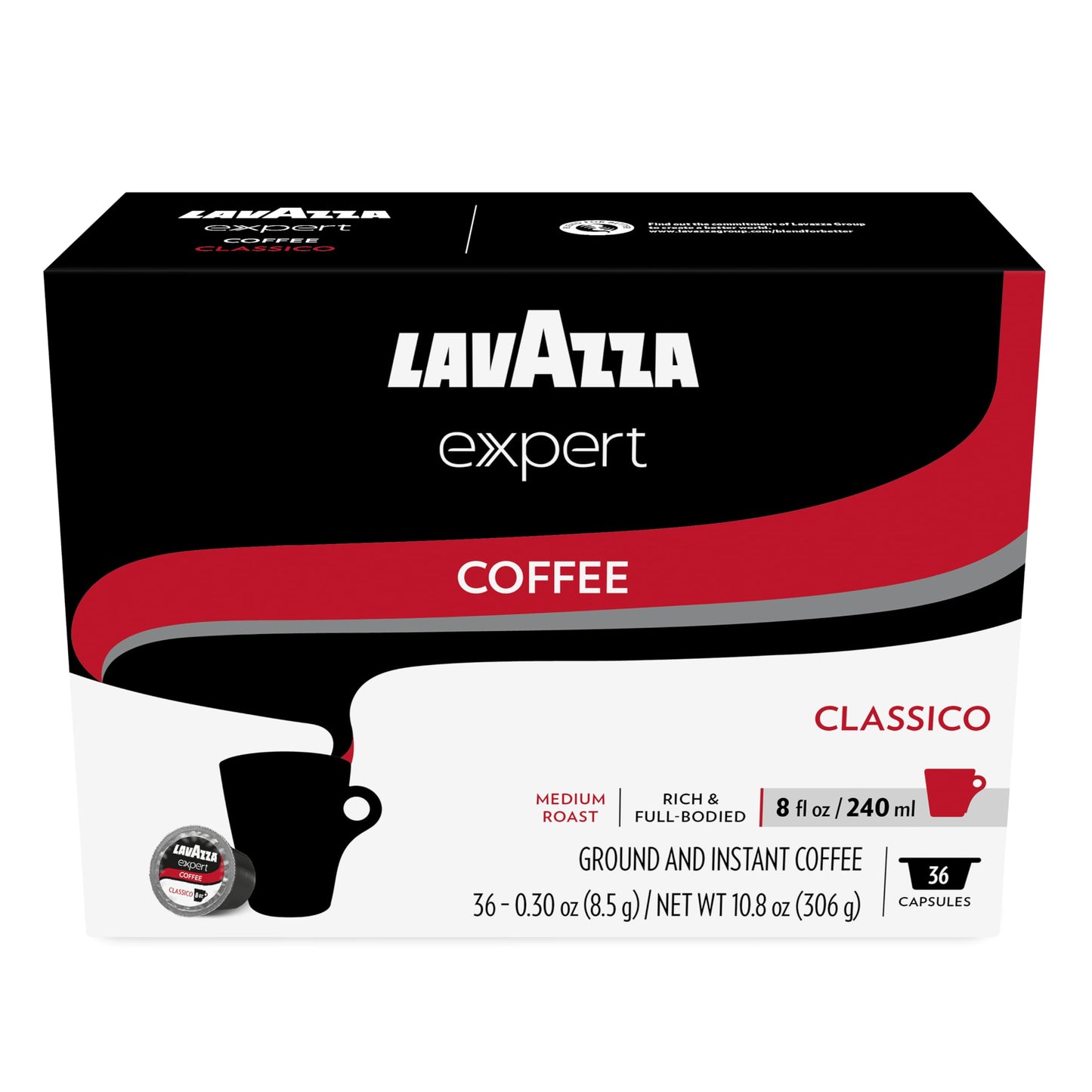 Lavazza Expert Classico Medium Roast Coffee Capsules, Arabica & Robusta Blend, 36 Count, Compatible with Classy Plus Machine