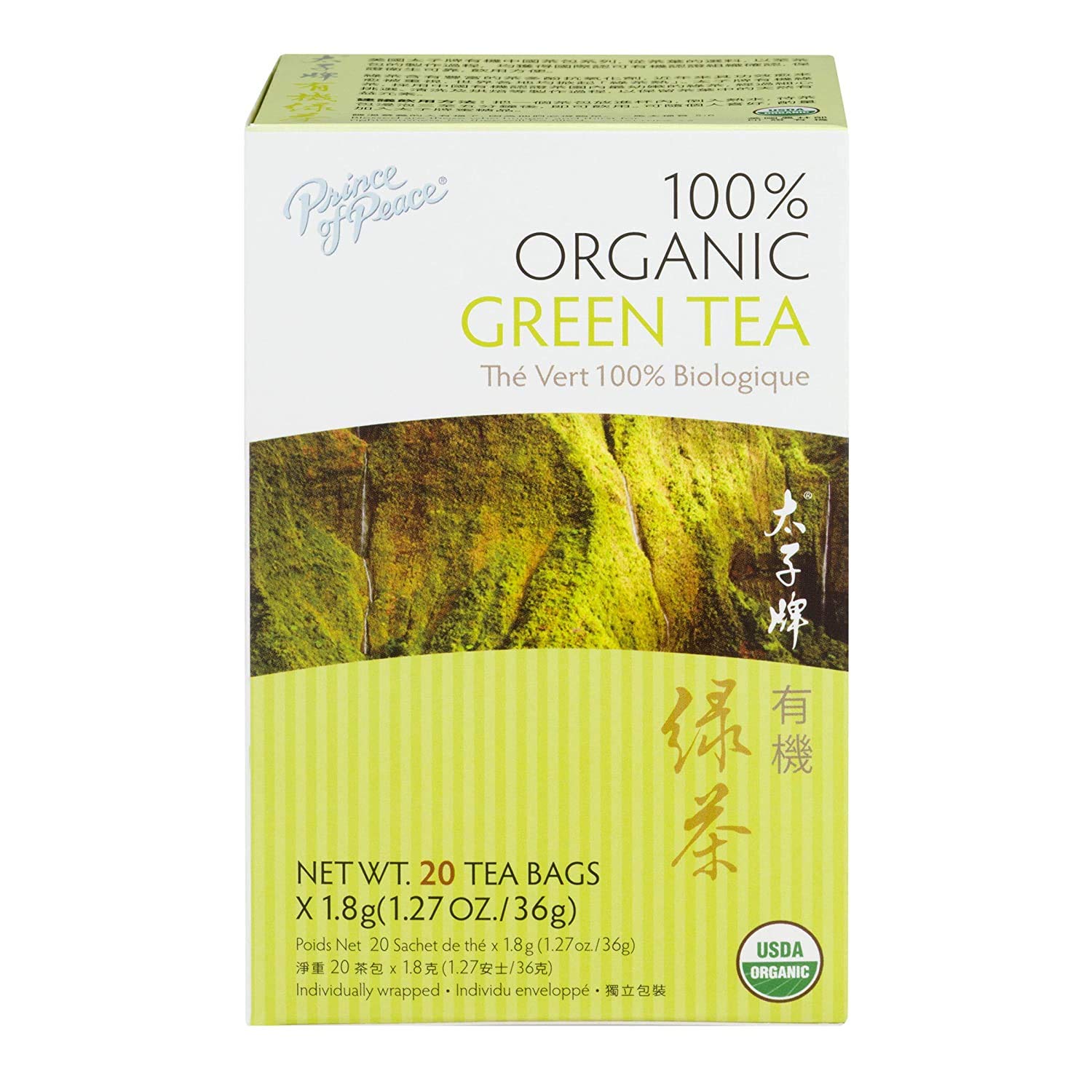 Prince of Peace Organic Green Tea, 20 Tea Bags ? 100% Organic Green Tea ? Unsweetened Green Tea ? Lower Caffeine Alternative to Coffee ? Herbal Health Benefits