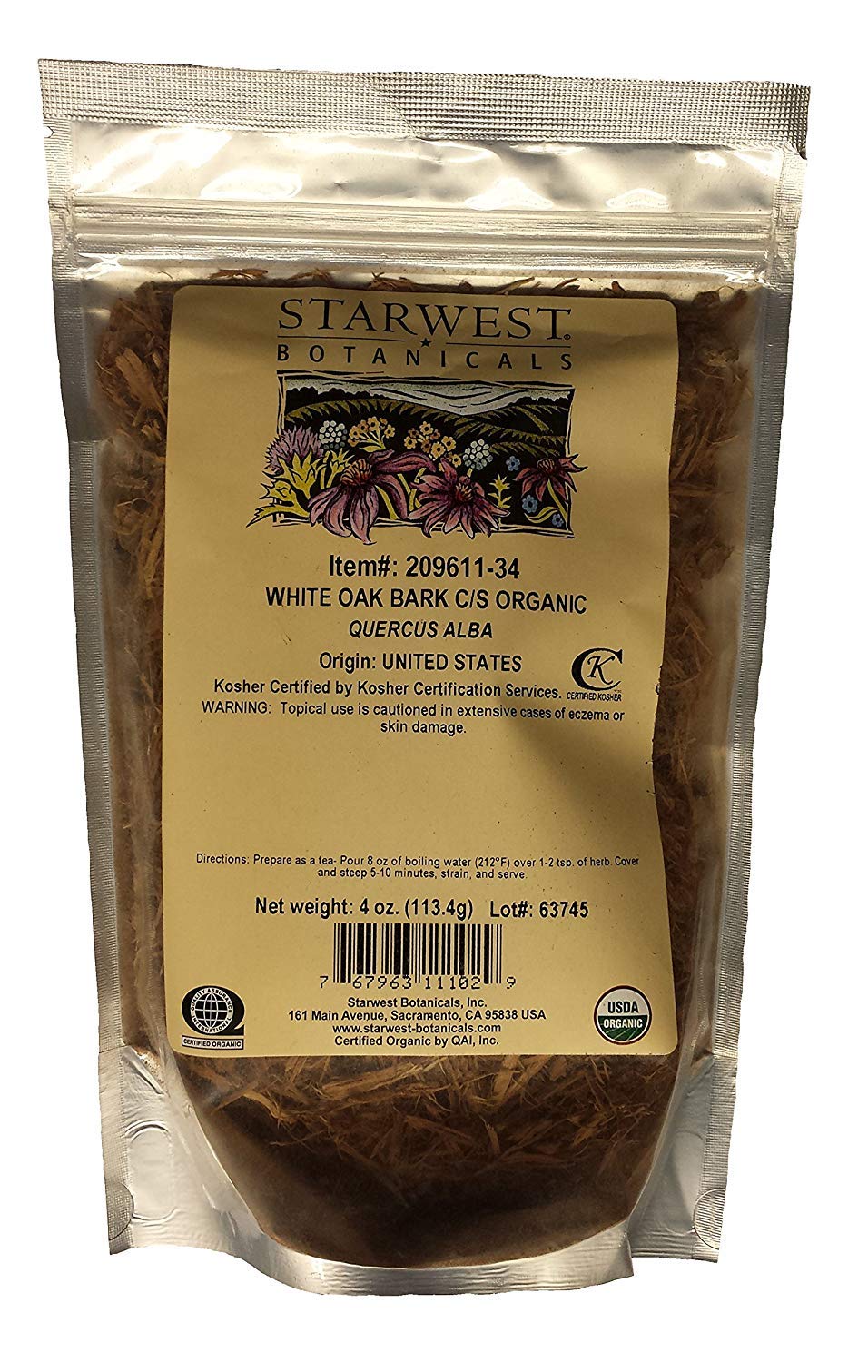 White Oak Bark Cut & Sifted Organic - 4 Oz,(Starwest Botanicals)