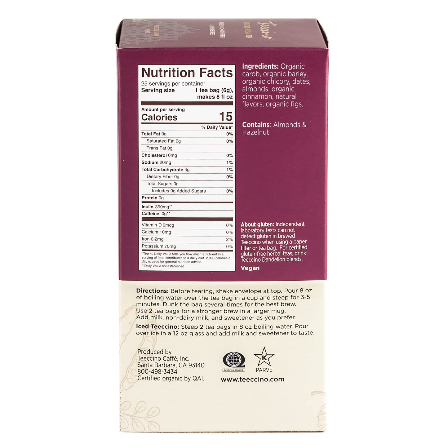 Teeccino Snickerdoodle Herbal Tea - Caffeine-Free, Prebiotic, 25 Tea Bags