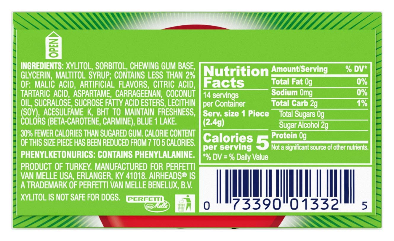 Airheads Candy, Chewing Gum, Watermelon Flavor, Sugar Free, Xylitol, 14 Sticks Per Pack, Box Of 12 Packs