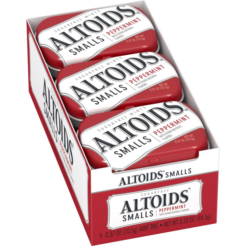 ALTOIDS Small Peppermint Breath Mints Sugar Free Hard Candy Bulk, 0.37 oz Tin (Pack of 9)