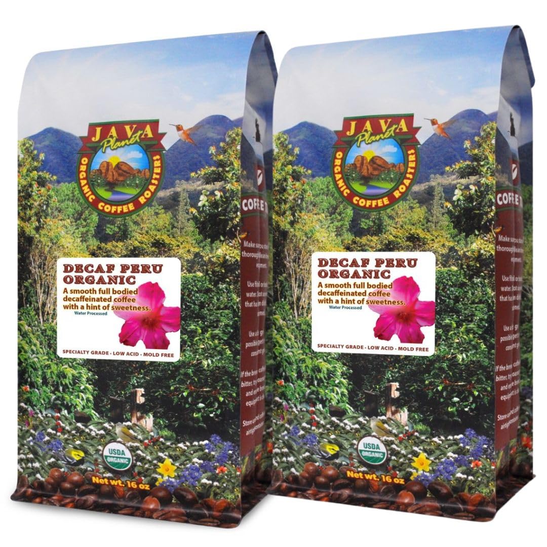 Java Planet Organic, Water Process Decaf Peru, Smooth Full Flavored Organic Coffee Beans, Low Acid, Whole Bean Coffee, Two 1 Lb