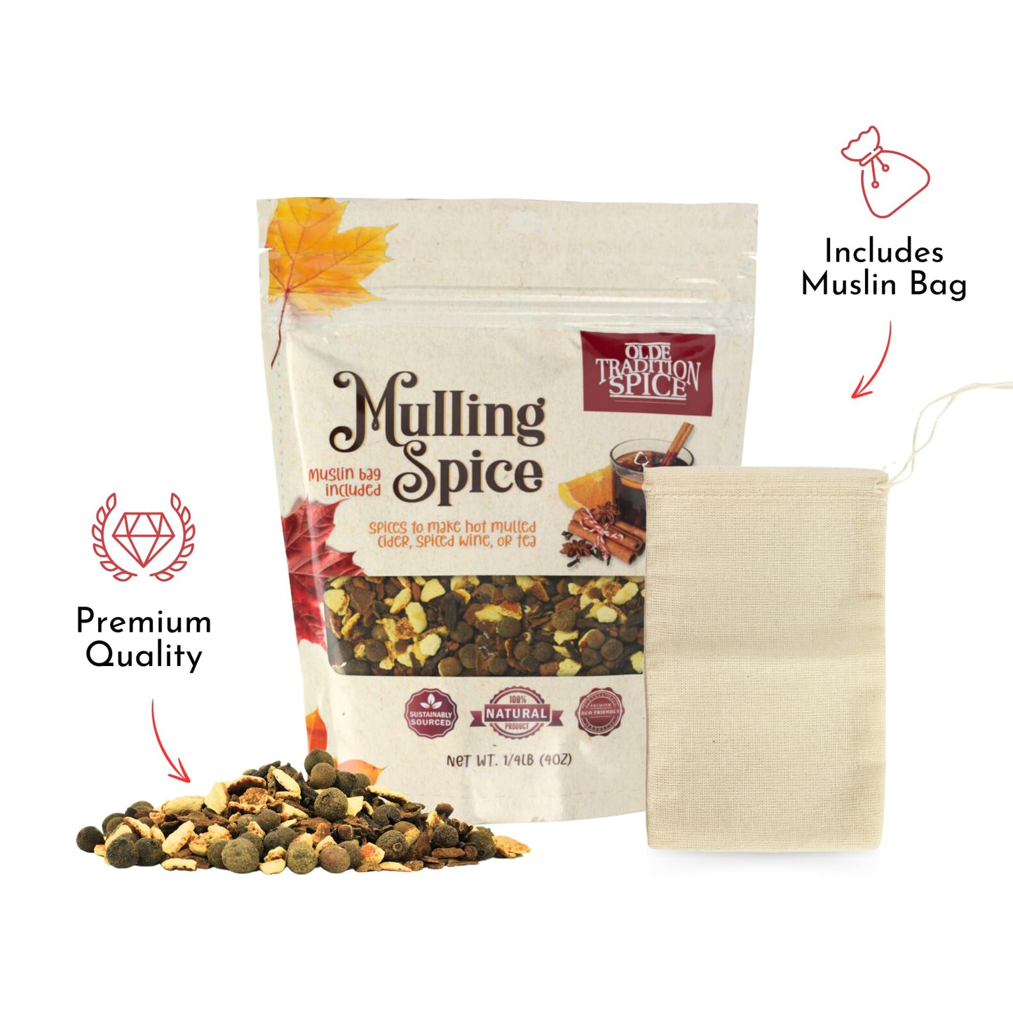 Olde Tradition Mulling Spices for Apple Cider  Mulled Wine Spices Kit  4oz Traditional Mulled Spice Mix with Muslin Bag for Steeping Stovetop Simmer Pot Hot Toddy Tea Christmas Glhwein Holiday Drink