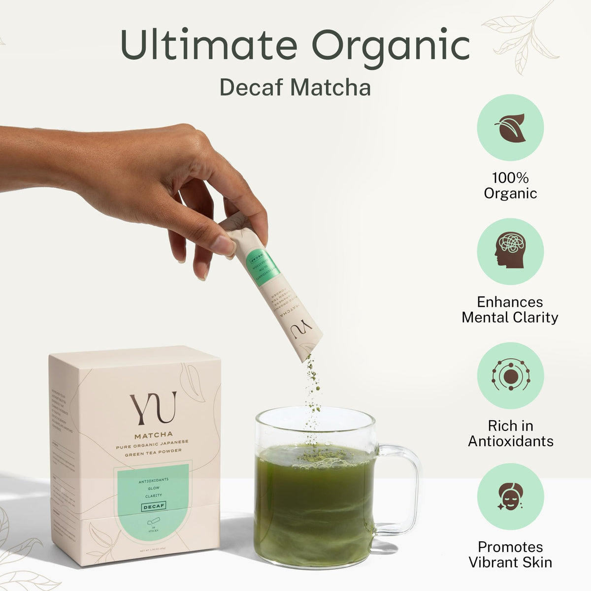 Yu Organic Decaf Matcha Powder, Ceremonial Grade, Rich in Antioxidants, 2.65 oz (50 Servings), Unsweetened Green Tea Powder