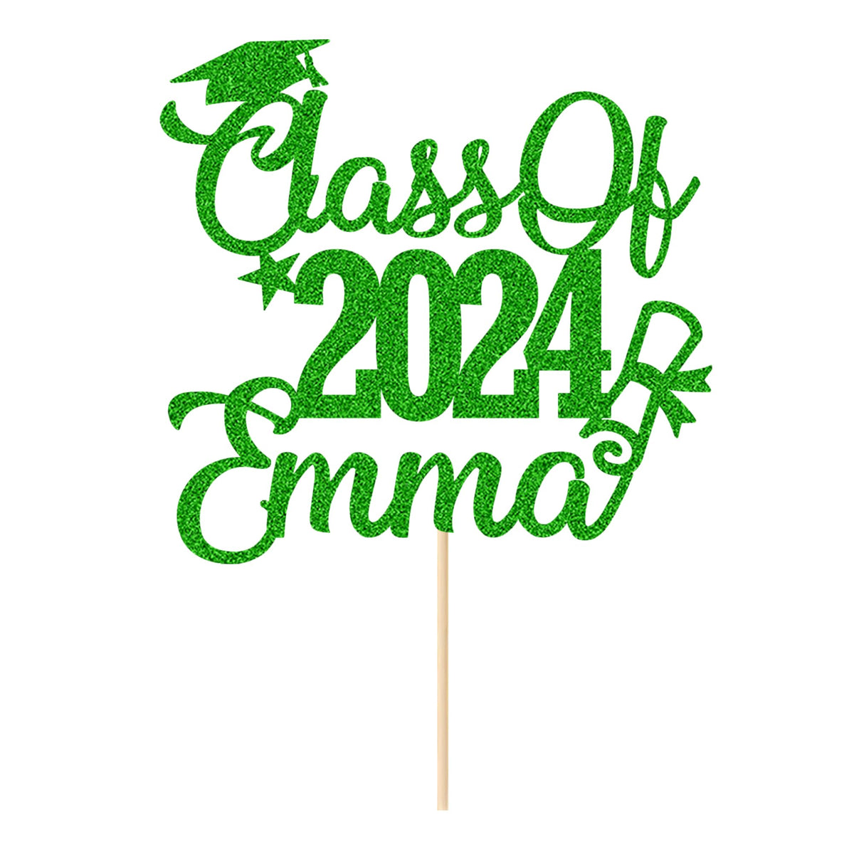 Personalized Cake Topper Custom Congrats Graduation Hat Student Class Of 2024 Double Sided Glitter Card Green