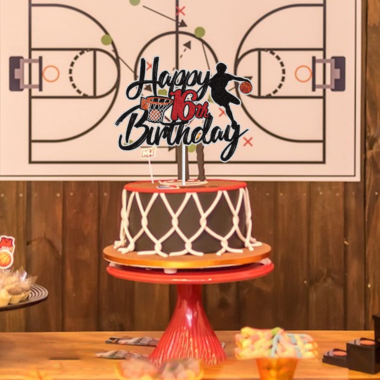 LINGBOOM Basketball Cake Topper - 16th Birthday Decoration for Boys, Sport Theme, Model C-16th Basketball-Black