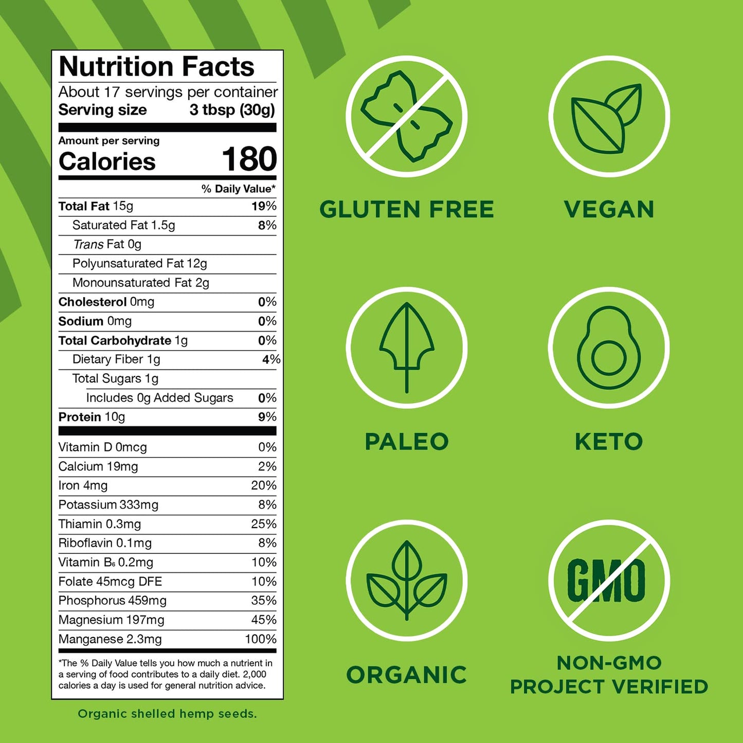 Organic Hemp Seeds, 18oz; 10g Plant Based Protein and 12g Omega 3 & 6 per Srv | smoothies, yogurt & salad | Non-GMO, Vegan, Keto