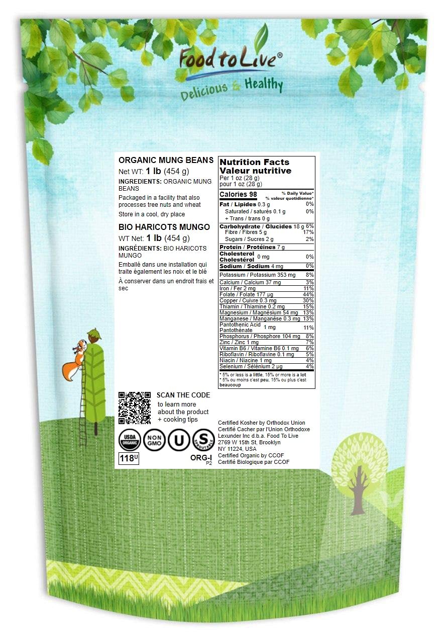 Organic Mung Beans, 1 Pound - Non-Gmo, Whole Dried Beans, Green Gram, Sproutable, Kosher, Vegan, Sirtfood, Bulk. Good Source Of Fiber, Protein, Folate. Goes Well With Asian, Middle East Dishes.