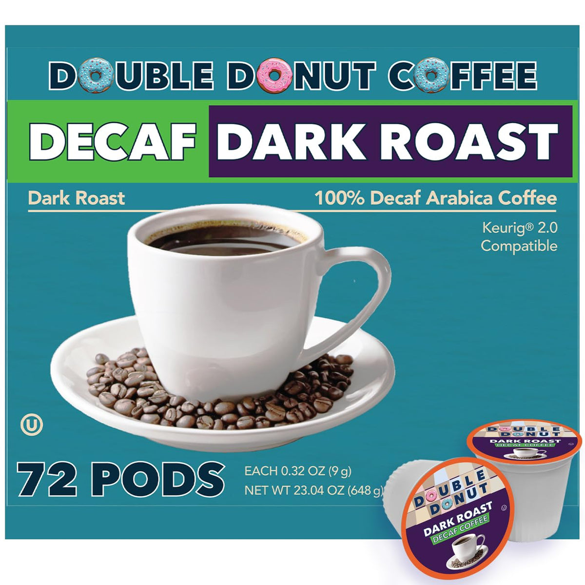 Double Donut Coffee Decaf Extra Bold Blend Dark Roast Pods, 72 Count, Compatible with Keurig K Cups