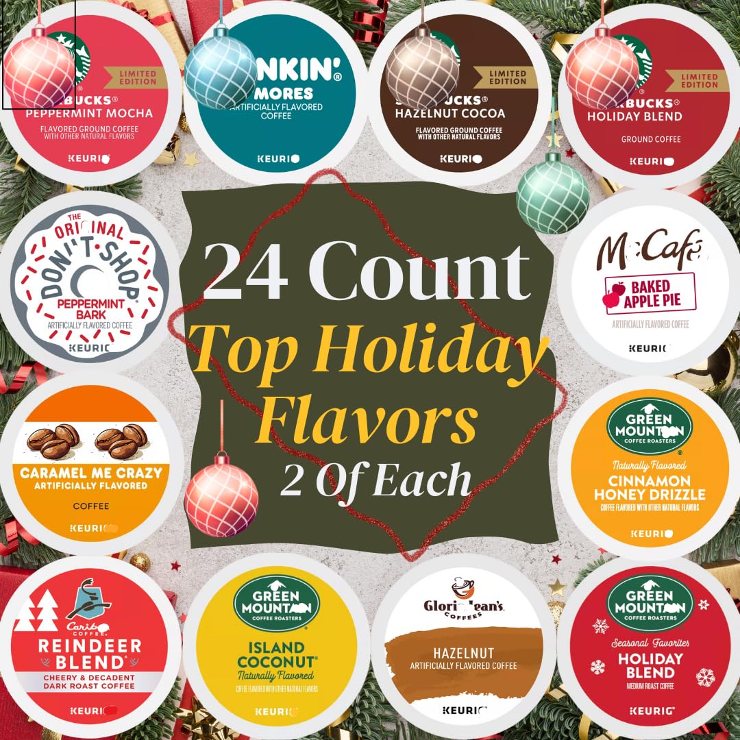 Top Holiday Blends K-cups Sampler  Includes Peppermint Mocha  Holiday Blend  Smores  Reindeer  Island Coconut  Baked Apple Pie  Peppermint Bark  Caramel Me Crazy  Hazlnut Cocoa  (Great For Gifting)