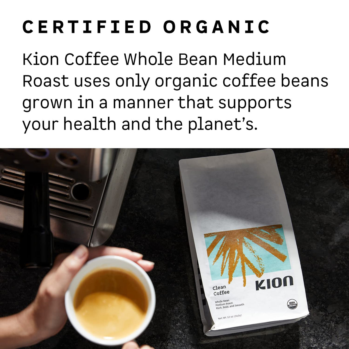 Kion Organic Whole Bean Coffee, Tested for Toxins, Ethically Sourced, Rich, Bold, and Smooth, Medium Roast 12 Oz (1 Pack)