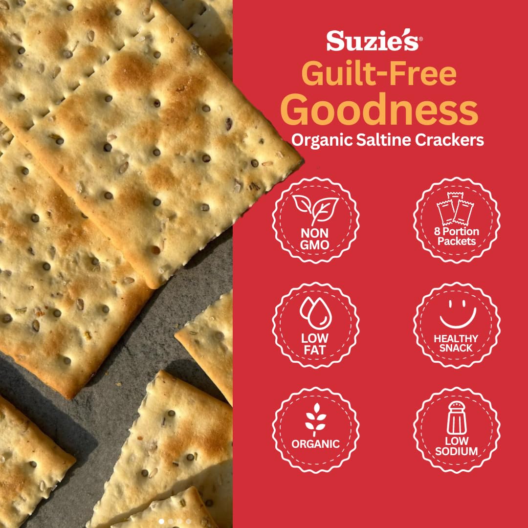 Suzies Organic Rosemary Sesame Saltines Crackers|Healthy Gourmet Baked Vegan Snack for Adults & Children|Non GMO|12 Fresh Packs