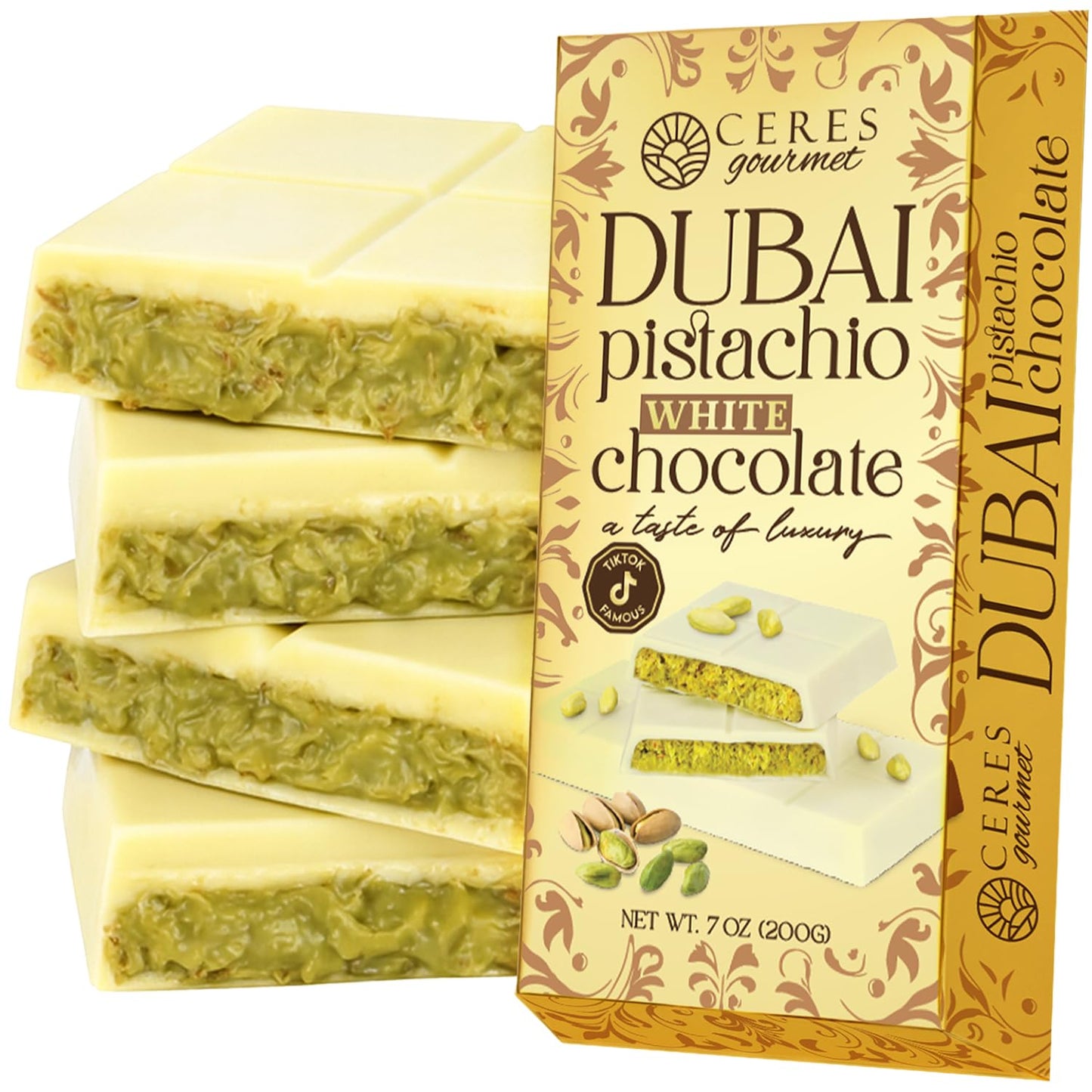 Dubai Chocolate Kunafa Pistachio Bar 7Oz | Famous White Chocolate Kunafe Bar | Crispy Kunafe With Pistachio Paste | Gift Idea For All Occasions | Elegant White Chocolate Kunafa Gift