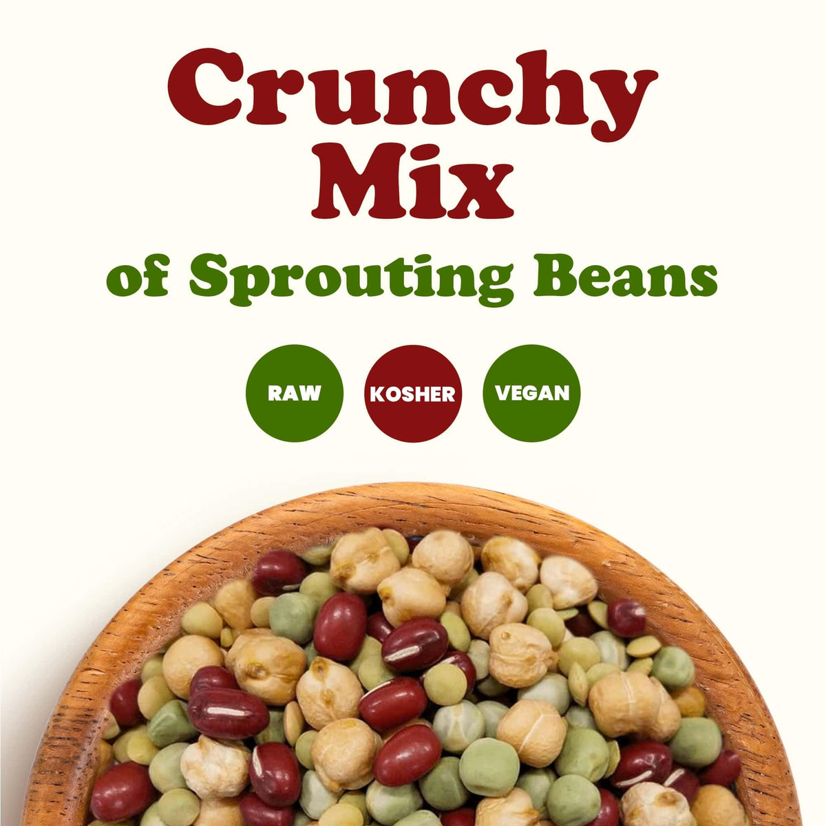 Crunchy Mix Of Sprouting Bean Seeds, 25 Pounds - Green Peas, Adzuki, Lentils, Garbanzo, Kosher, Raw