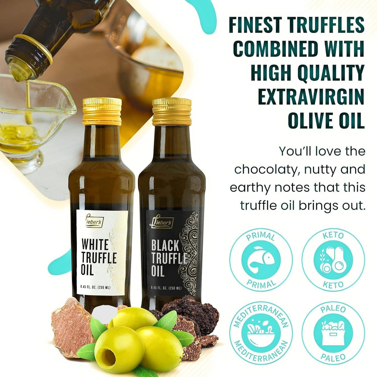 Liebers Black & White Truffle Oil Bundle | Premium Truffle Oil For Cooking, Salad Dressing, Garnish | This Gourmet Olive Oil Is