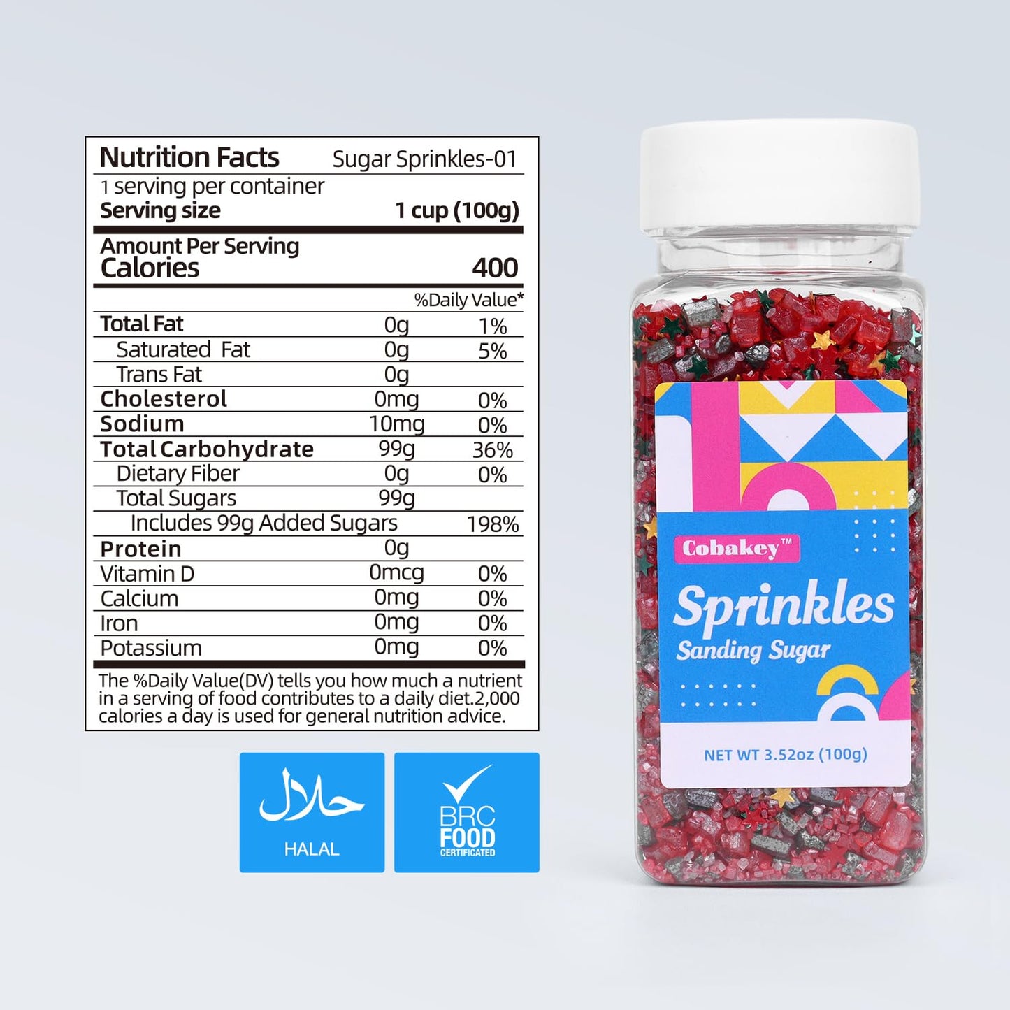 Cobakey Red Sanding Sugar Edible Glitter Stars Mix, 3.5oz for Cake Decorating, Christmas Cookie Toppers