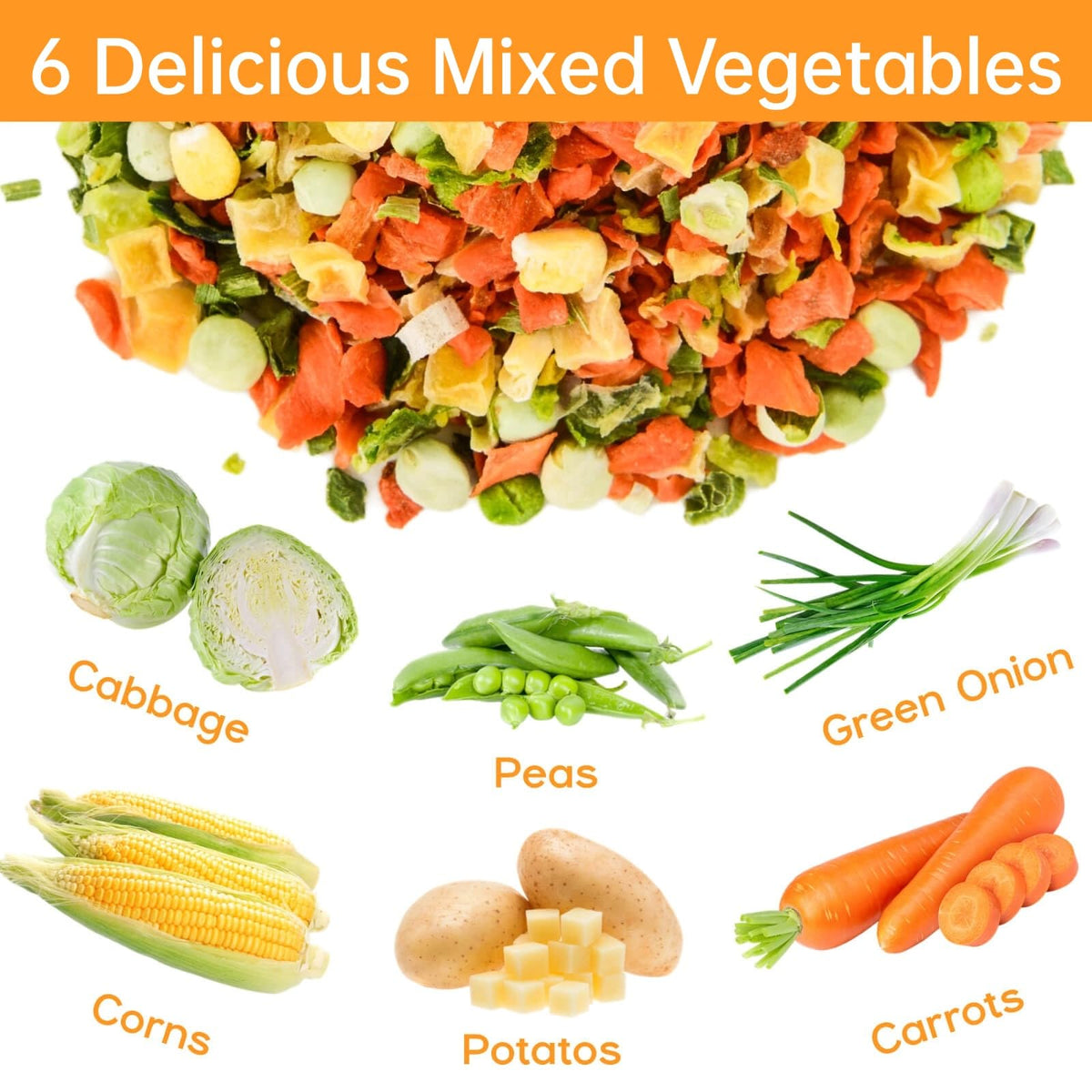16Oz Dehydrated Freeze Dried Vegetables - 100% Natural Large Packaging Ramen Toppings, 6 Mixed Vegetable Flakes, No Gluten & No Allergen, Dry Veggie For Cooking, Camping, Emergency Supply