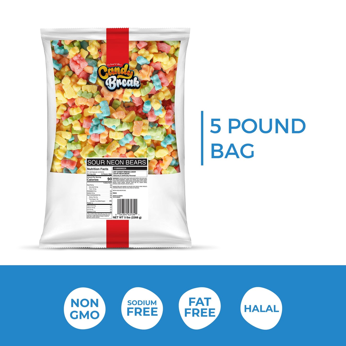 CANDY BREAK Gummy Bears - Sweet & Sour Neon Chewy Candy Bulk Pack - 5 lb Share Size Bag