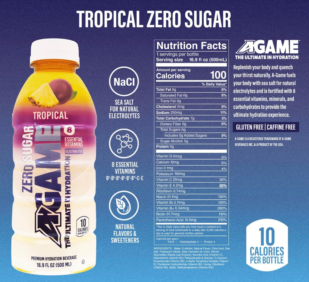 A-Game Zero Sugar Sports Drink, Tropical Zero,Ultimate Sugar Free Hydration, 8 Essential Vitamins: B,C & E, Sea Salt Electrolyte