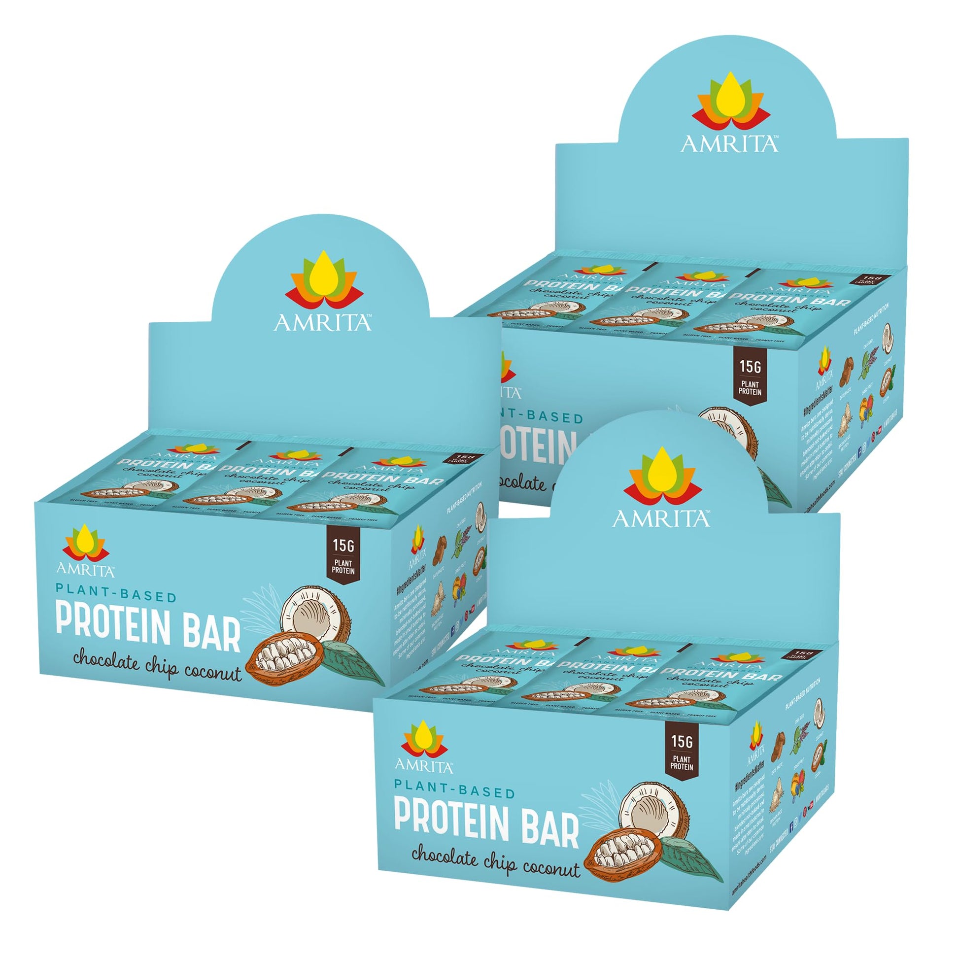 Amrita Vegan Protein Bars - Chocolate Chip Coconut, 15g Protein, Gluten & Soy Free, 12 Count (Pack of 3)