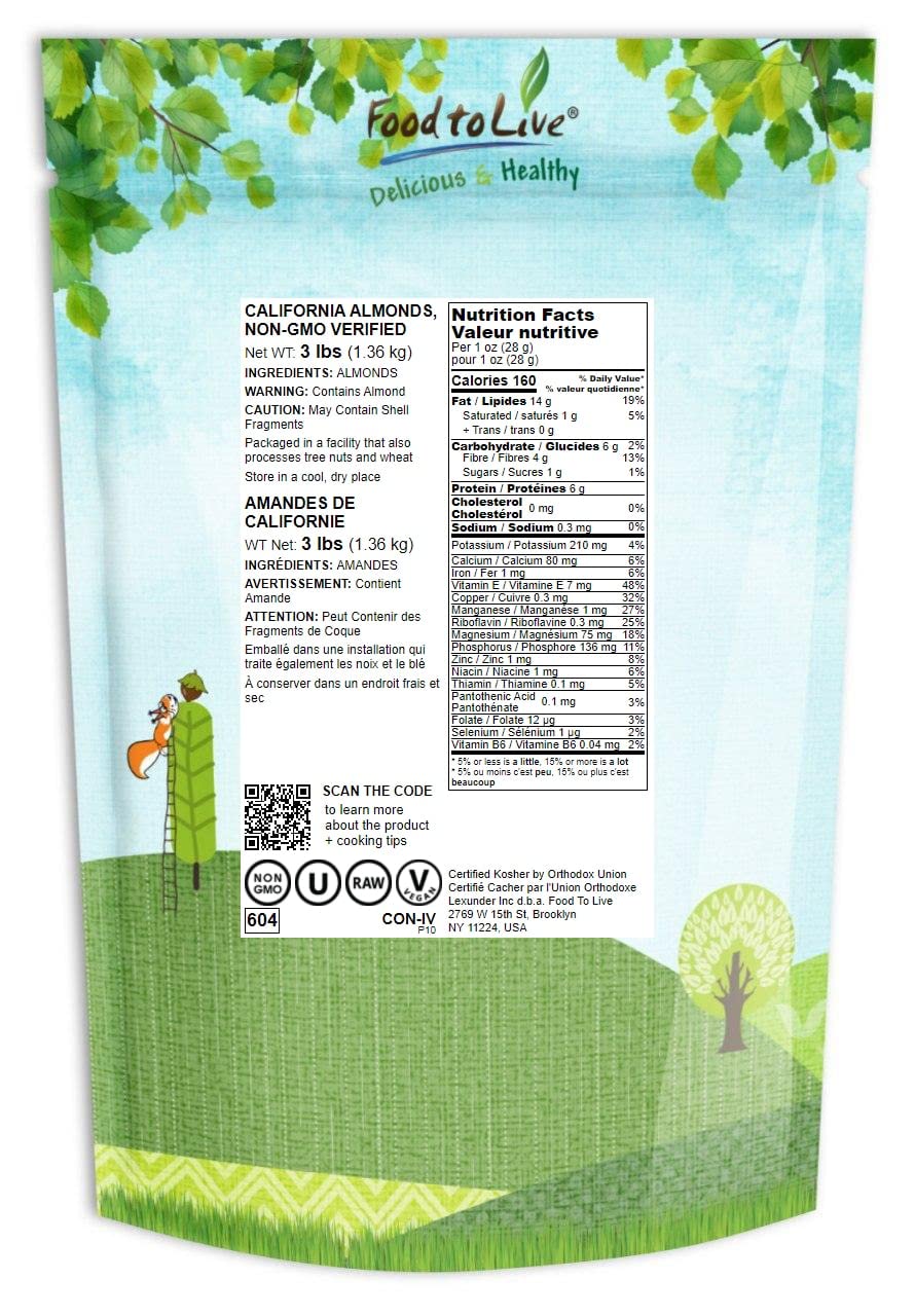 Food To Live - California Almonds, 3 Pounds - Supreme, Whole, Raw, Unsalted, Unroasted Nuts, Natural. Kosher, Vegan. Keto, Paleo