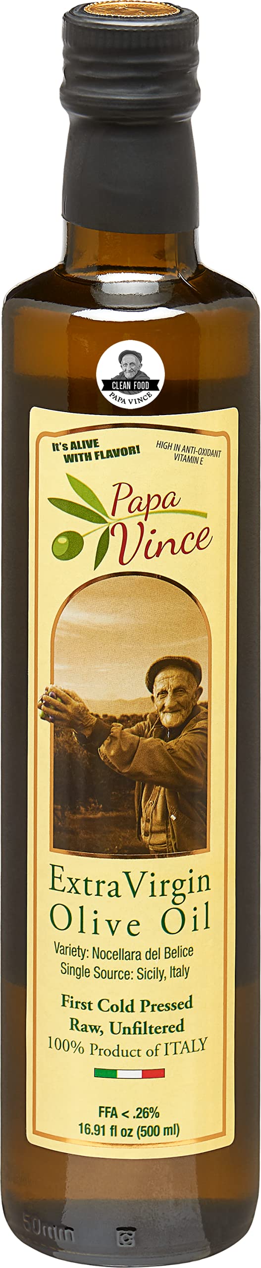 Papa Vince Extra Virgin Olive Oil, First Cold Press, 16.91 Fl Oz, Polyphenol Rich, Unrefined, No Pesticides, No GMO, Sicily, Italy