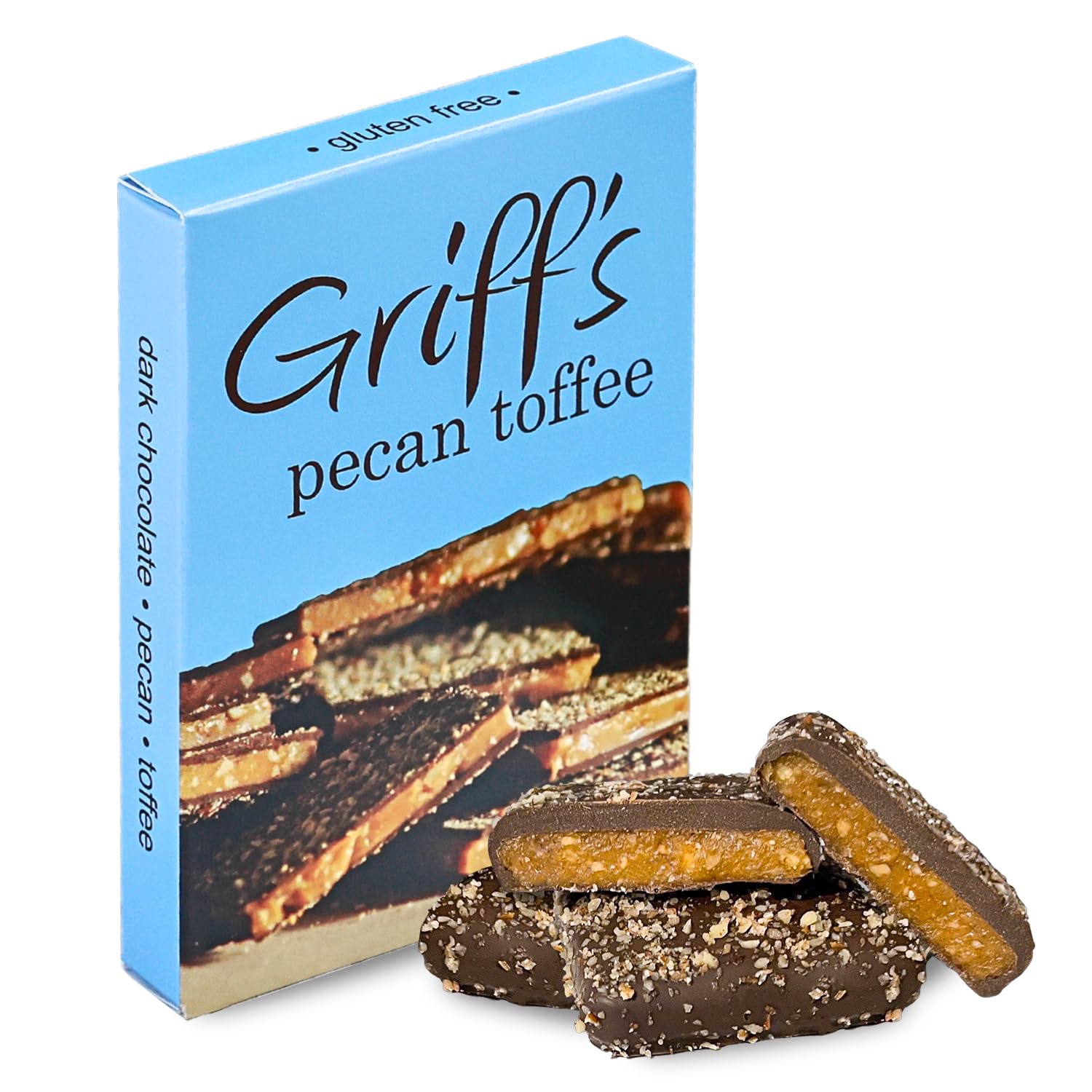 Griffs Pecan Toffee, 4 Dark Chocolate Covered Pecan Toffee Squares, Traditional English Toffee, Gluten Free, Family Owned (2 Ou