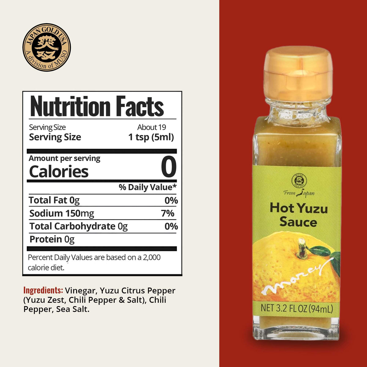 Muso From Japan Hot Yuzu Sauce - Spicy Citrus Flavor for Sushi & Noodles, 3.2 Fl Oz, Vegetarian Condiment