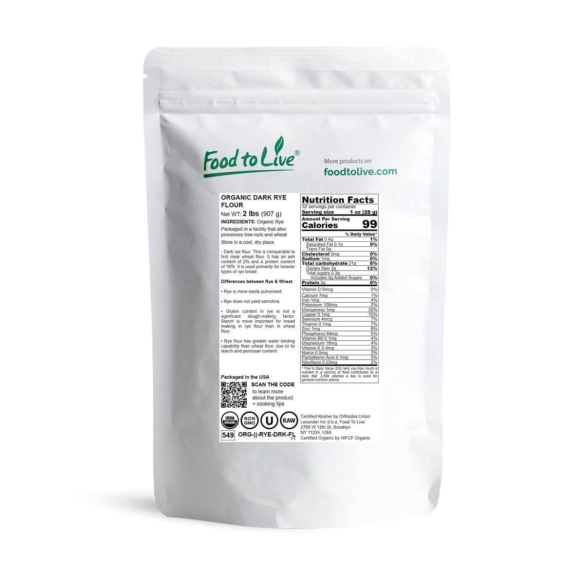 Food to Live Organic Dark Rye Flour, 2 Pounds - Whole Grain, Non-GMO, Stone Ground, Kosher, Raw, Vegan, Bulk, Great for Baking B